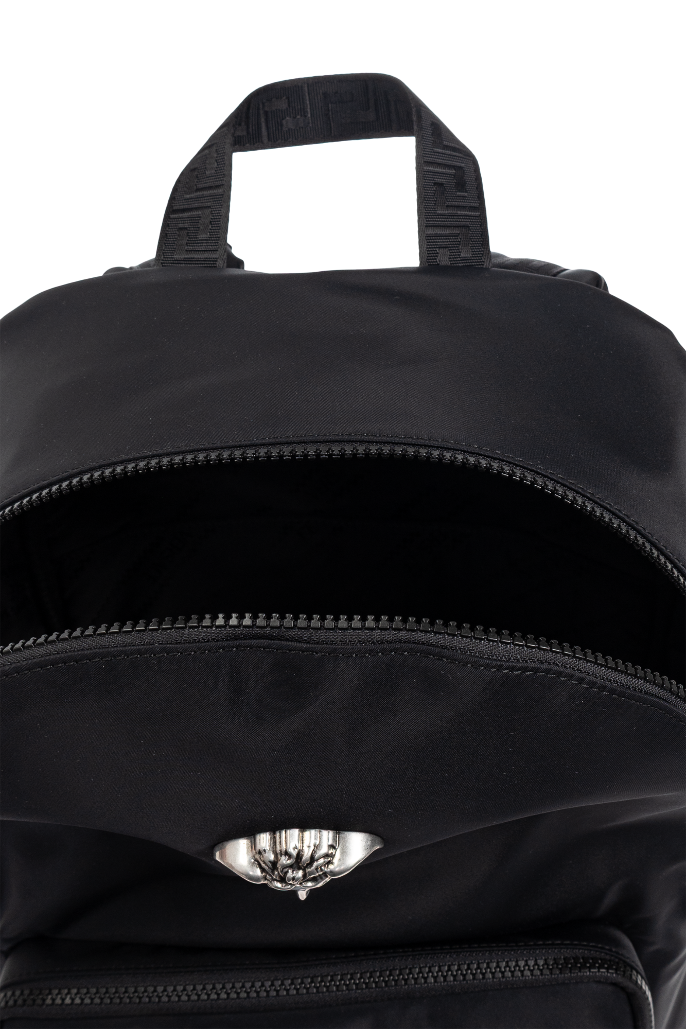 Black Backpack with an application in the shape of the head